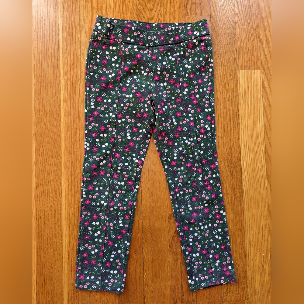 Pre-owned Gymboree Girl Size 5 Hunter Green w/ Pink Floral Ponte Pants